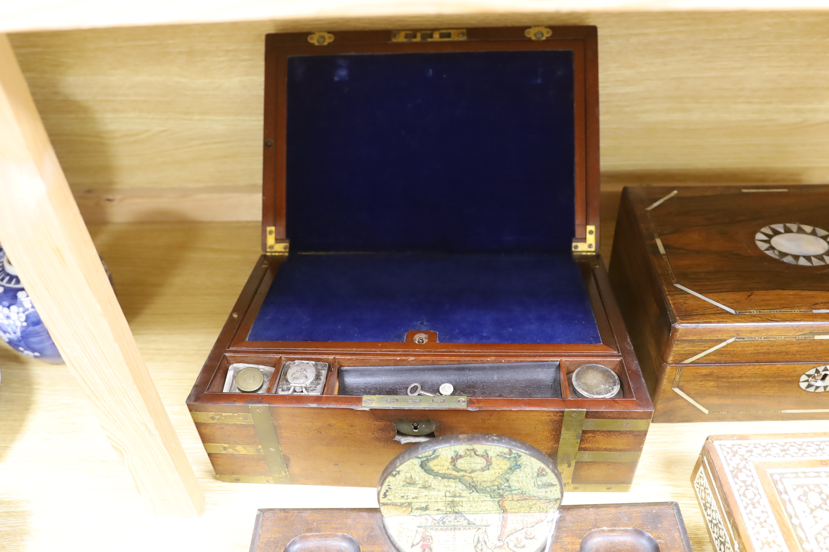 Four various boxes - a brass bound writing slope, a Moroccan inlaid box, mother of pearl inlaid sewing box and another